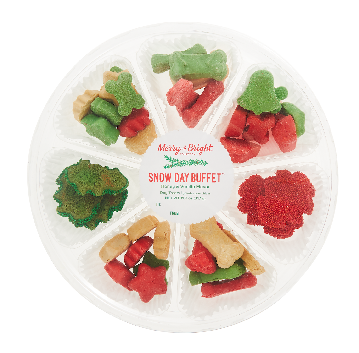 circle tray filled with green, red, and white dog treats, with label that says &quot;Snow Day Buffet&quot;