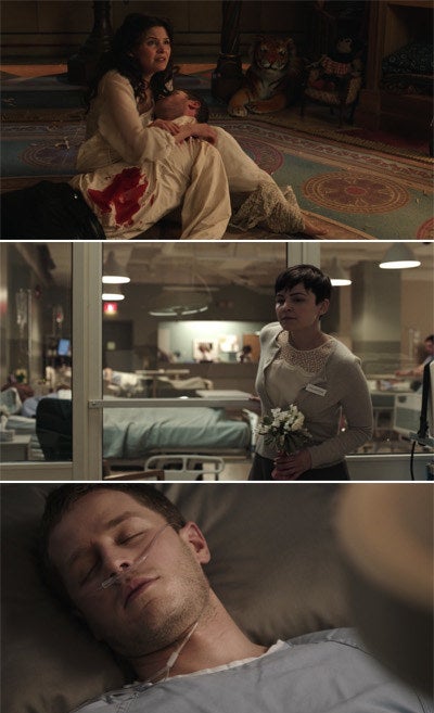 Prince Charming dying in Snow White arm and then later in modern day, he is just lying on a hospital bed