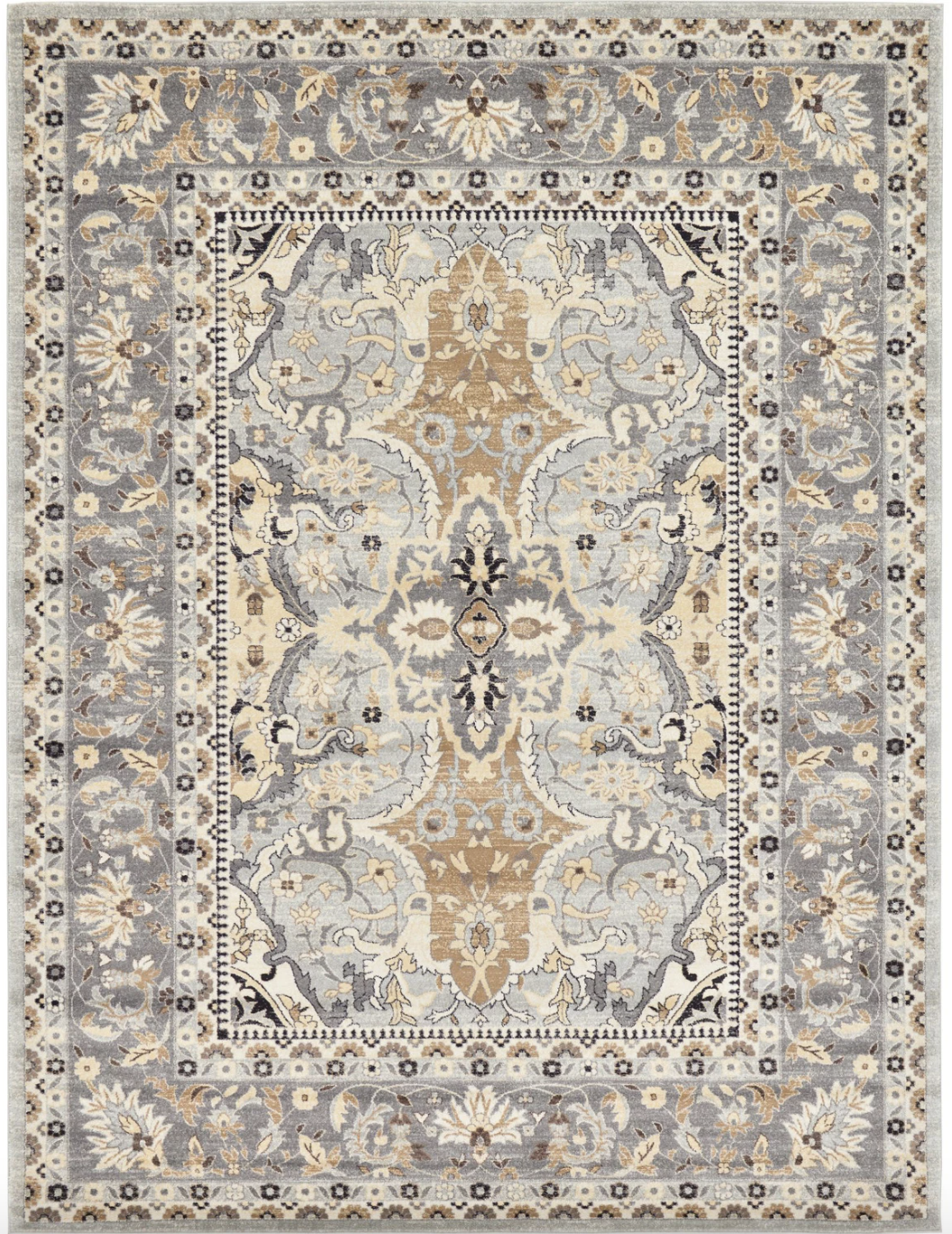 A beige and grey Persian rug is shown