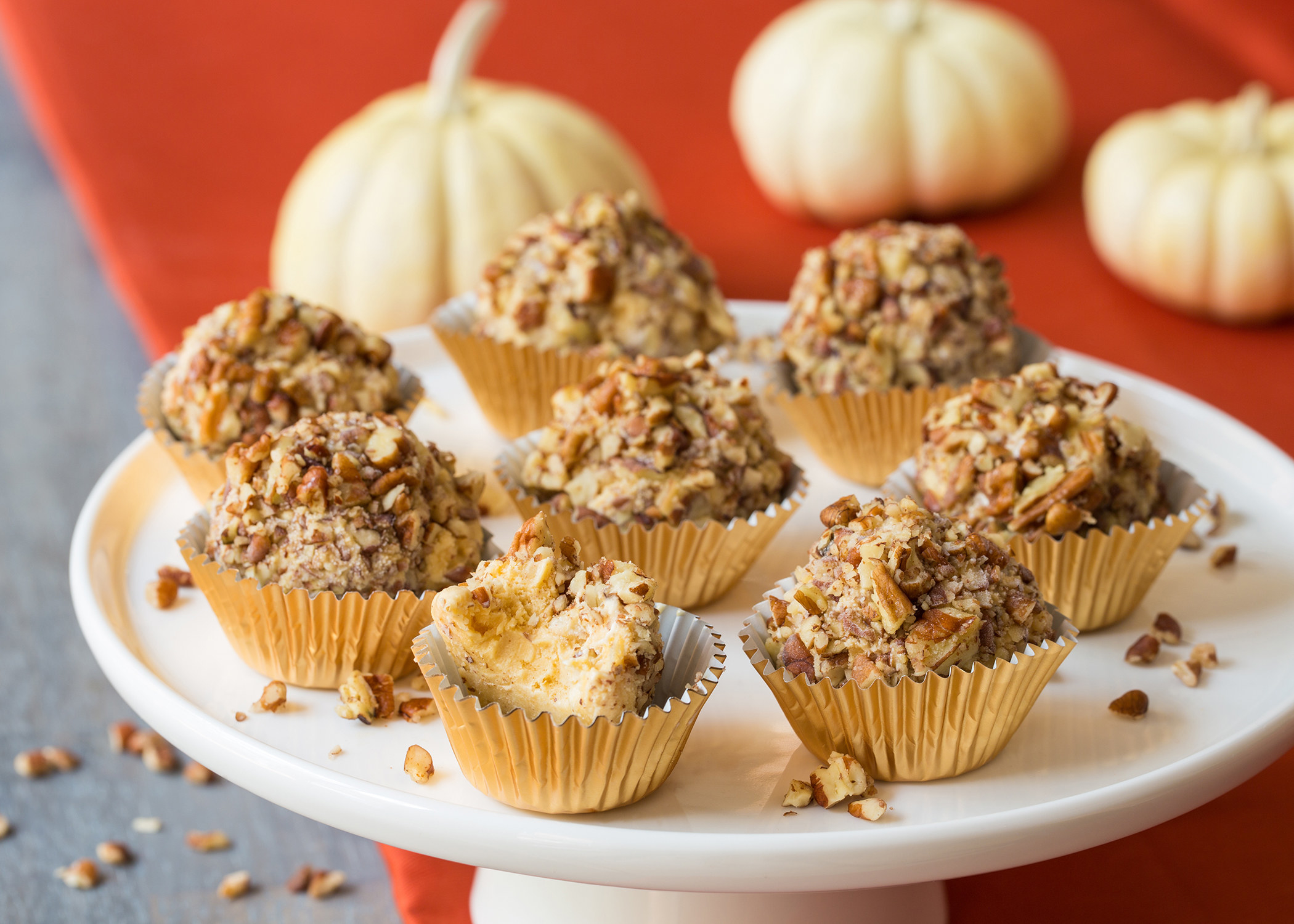 platter holding pumpkin ice cream truffles