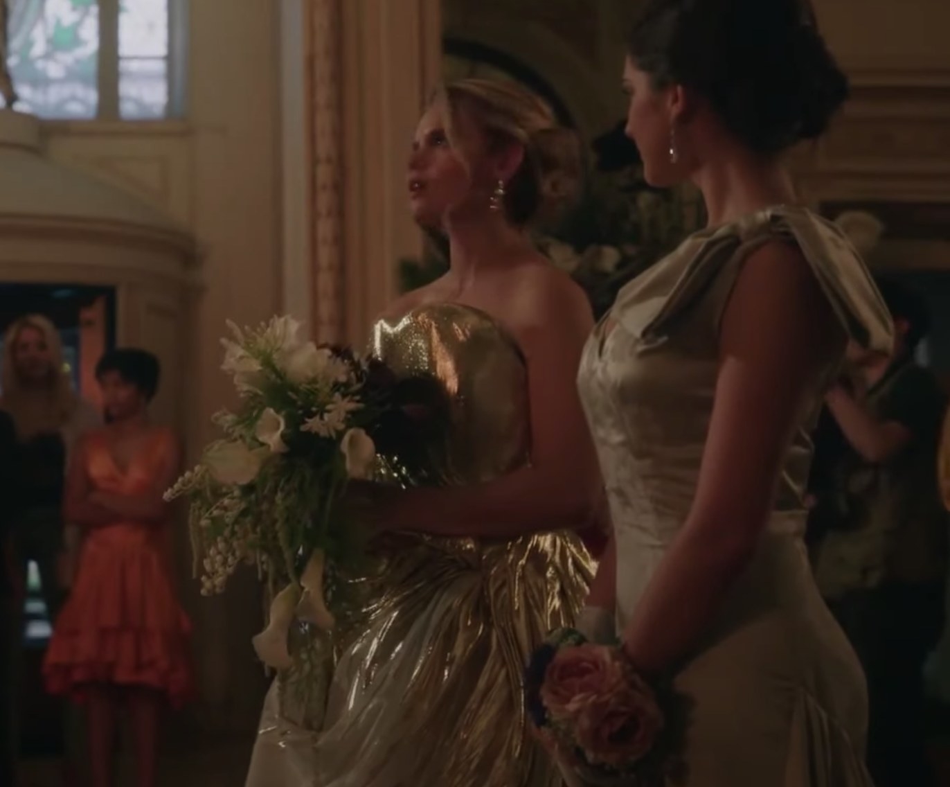 Bianca and Pippa in gold wedding dress and silver cotillion dress