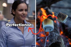 Amy Santiago wears a light colored button up blouse and two marshmallows as burned over a fire