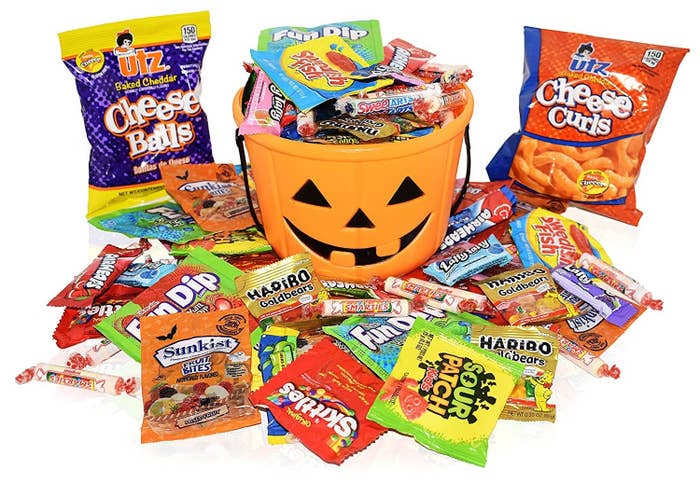 The jack-o-lantern basket filled with candy