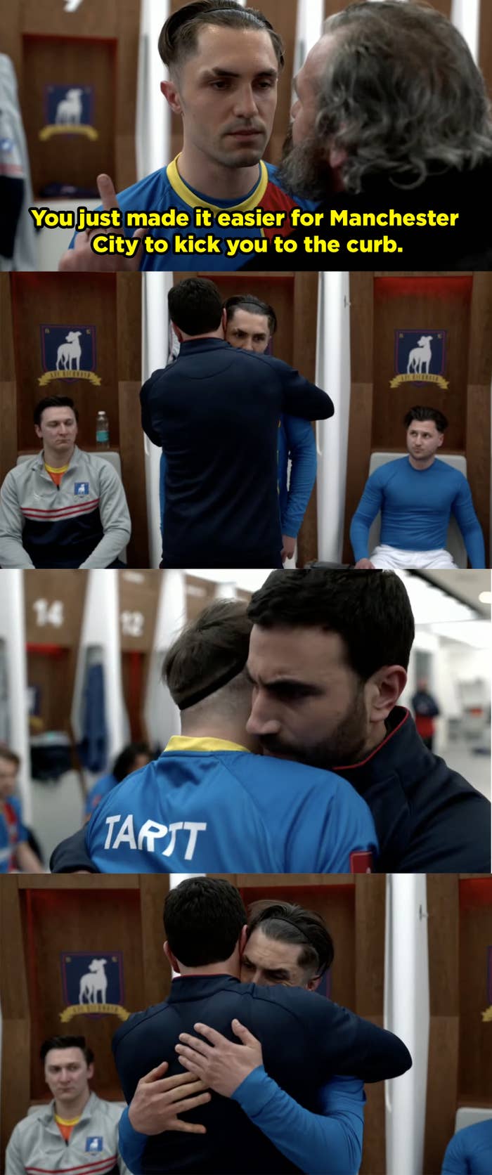 Jamie&#x27;s dad berates him in front of the entire team and then Roy walks over to hug him and Jamie breaks down crying.