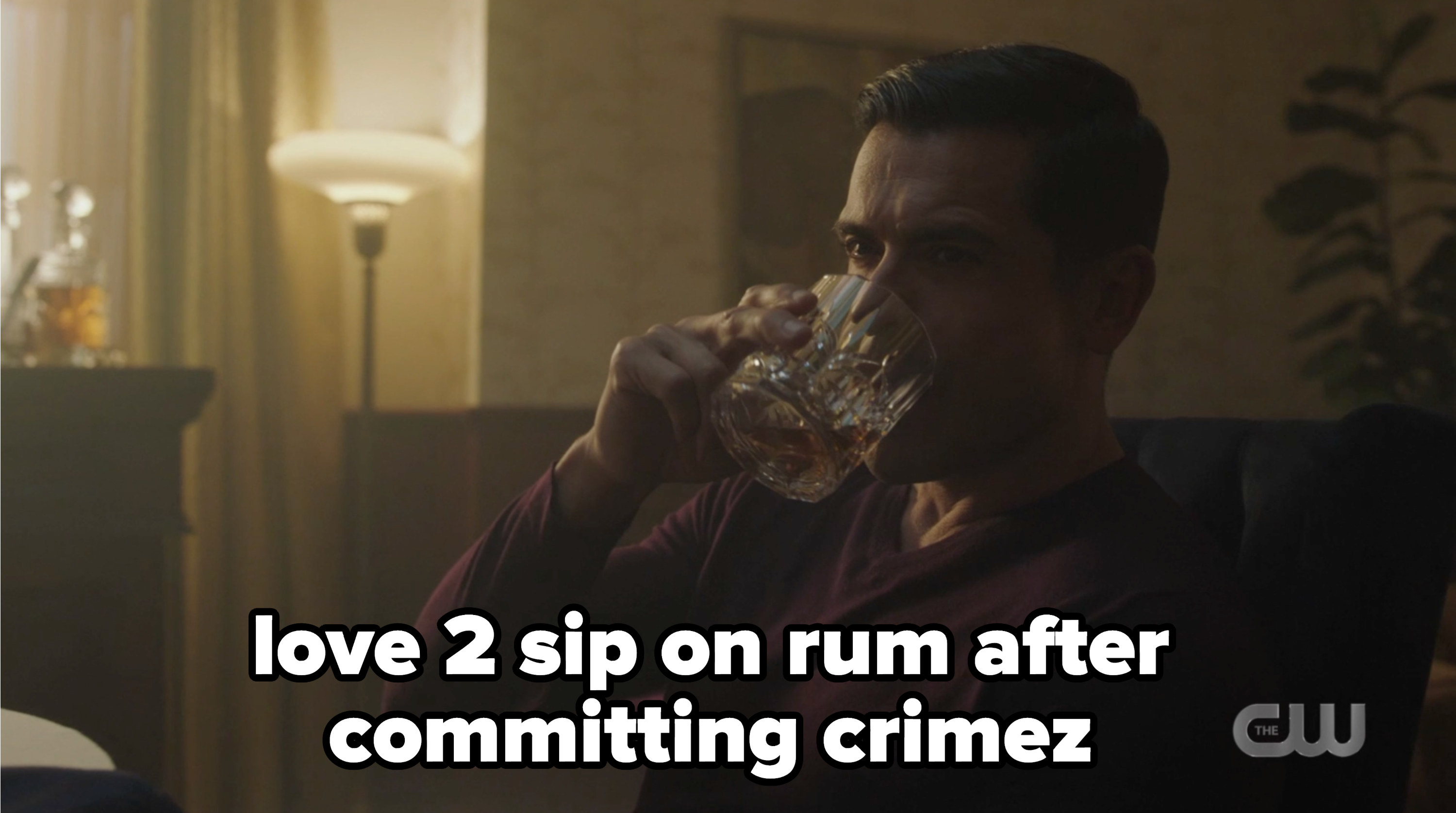 Hiram sipping on rum after committing crimes