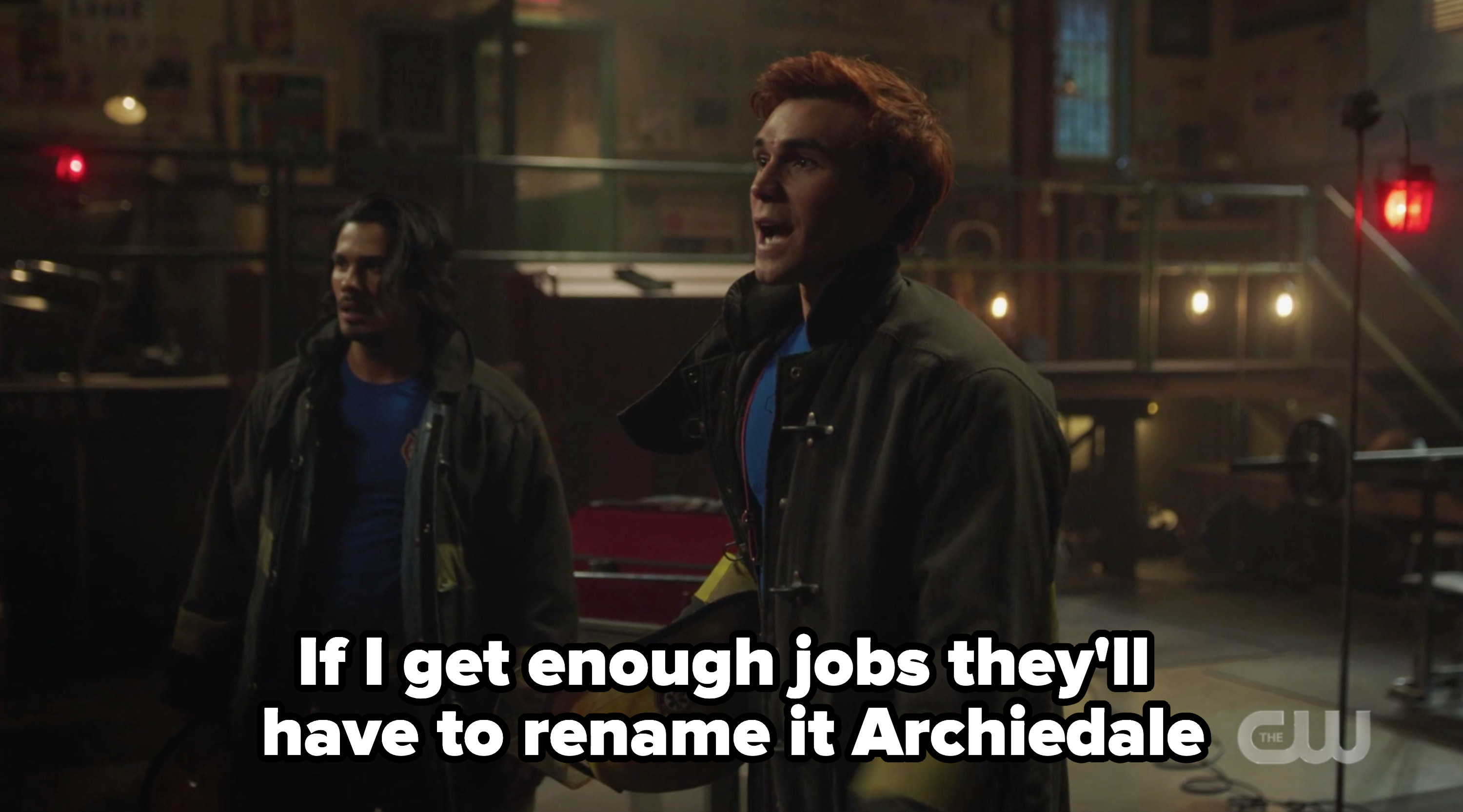 Archie as a fire fighter with a caption about renaming riverdale archiedale because he has so many jobes