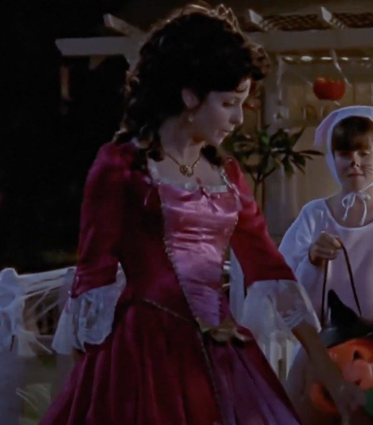 Buffy wearing pink 18th century gown