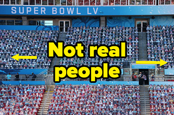 A sea of cardboard cutouts at the Super Bowl stadium with the caption "Not real people"