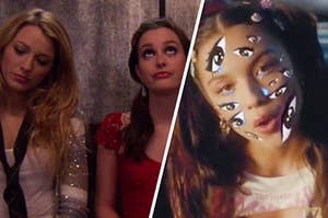 Serena van der Woodsen stands next to Blair Waldorf in an elevator and a close up of Olivia Rodrigo with cartoon eyes all over her face
