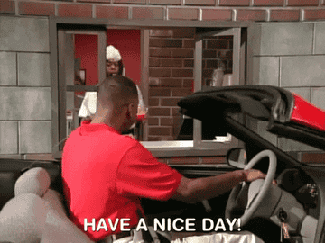 Kel from &quot;All That&quot; tossing food into a driver&#x27;s car and saying, &quot;have a nice day&quot;
