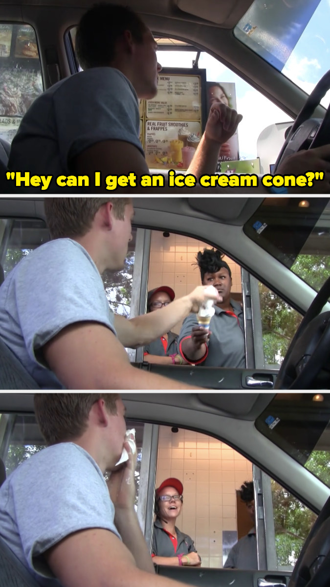 Person grabbing an ice cream cone by the ice cream rather than the cone