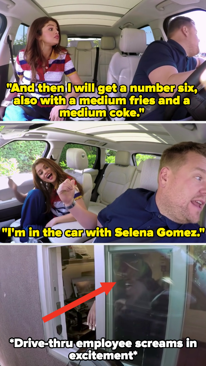 James Corden and Selena Gomez going through a drive-thru