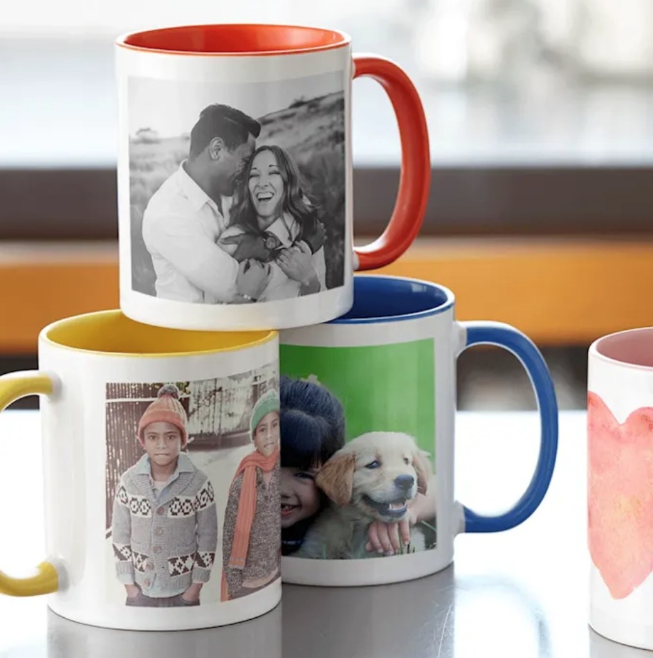 Three custom mugs with family photos printed on them
