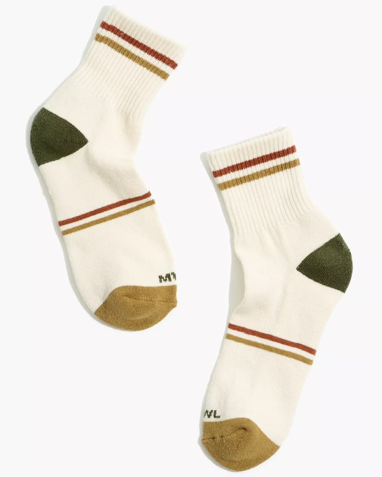 flatlay of the socks with varsity stripes on them