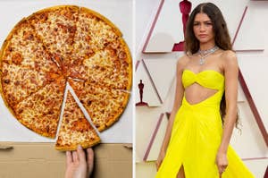 On the left, someone grabbing a slice from a cheese pizza, and on the right, Zendaya on the red carpet