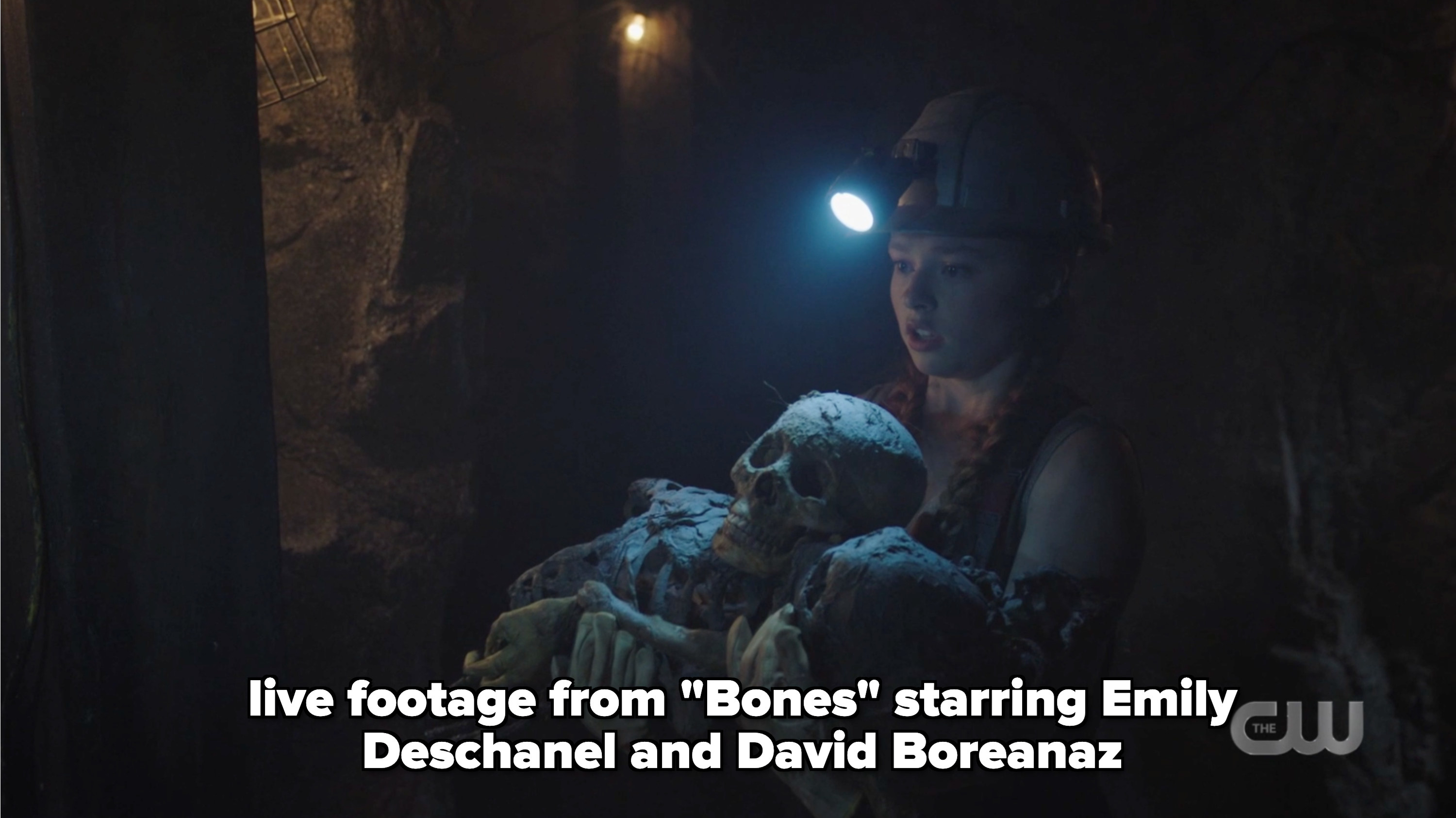 Britta with the bones with a joke about the show bones starring emily deschanel and David Boreanaz