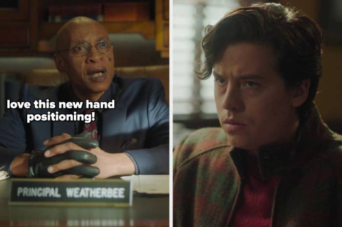 Waldo Weatherbee side by side Jughead wearing his one glove with a caption about his hand positioning