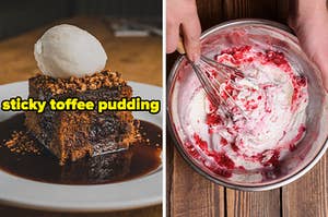 On the left, some sticky toffee pudding topped with vanilla ice cream, and on the right, someone whisking fresh strawberry into a bowl of vanilla ice cream