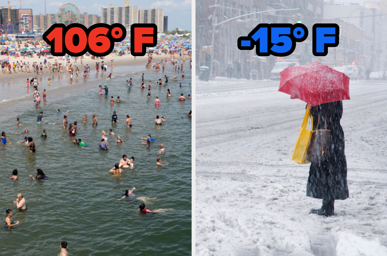 People at the beach in New York during the summer and a person crossing the street during a blizzard during the winter