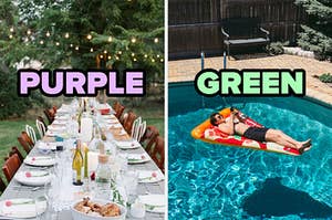 On the left, an long outdoor dining table with place settings on it and fairy lights above it labeled purple, and on the right, someone floating in a pool on a pizza-shaped raft labeled green