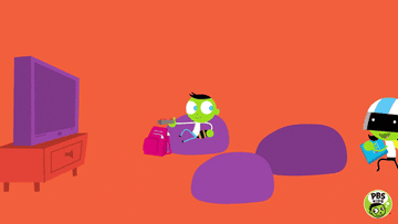 Three characters with bean bag chairs watching TV