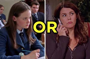 On the left, Rory Gilmore sitting in class, and on the right, Lorelai Gilmore holding a phone up to her ear with or typed in the middle