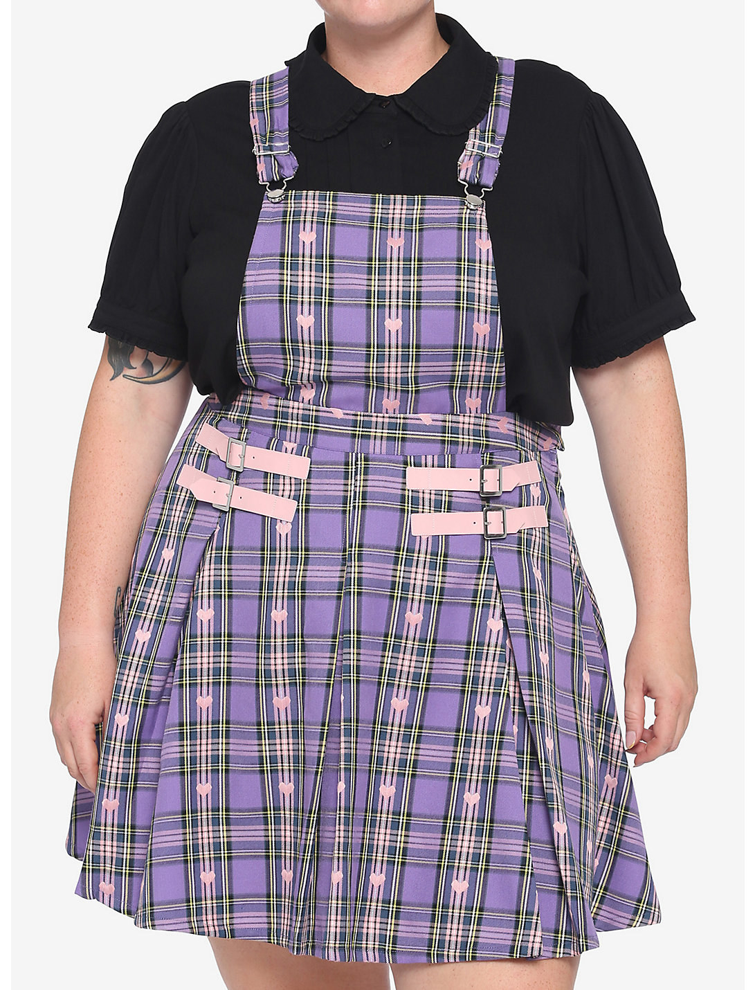 lavender and pink plaid overall skirt with embroidered pink hearts and pink buckles at the waist