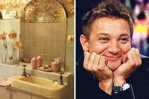 A bathroom with floral wallpaper and a close up of Jeremy Renner as he smiles