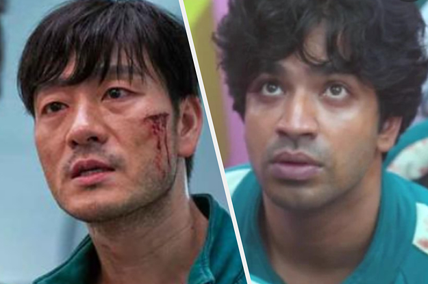 A close up of Sang-woo with a cut on his cheek and a close up of Ali in the show "Squid Game"