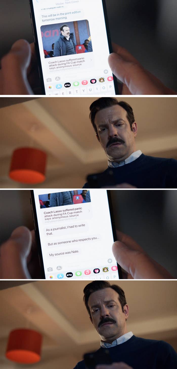 Ted reading texts from Trent Crimm with a link to an article to his story and saying that Nate leaked the story