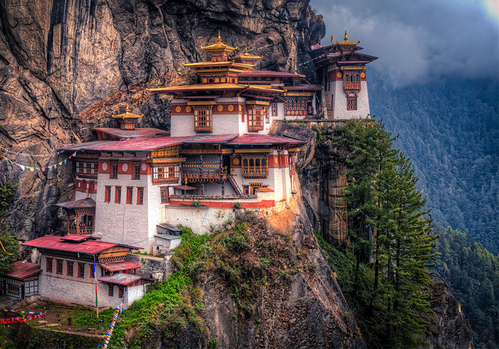 A monastery built into the cliffs of Bhutan.