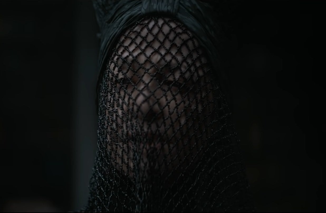 A woman wearing a netted veil.
