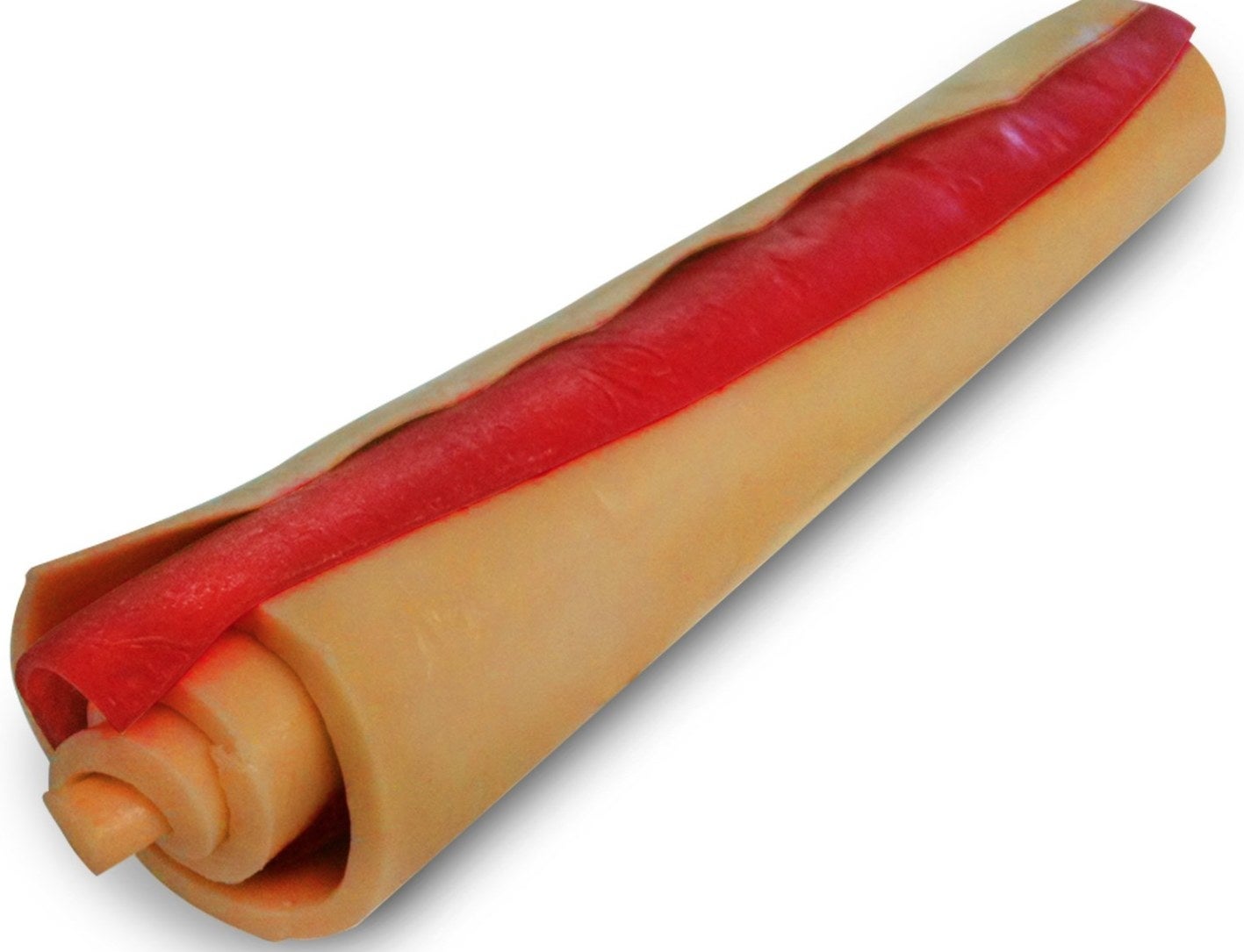 A brown and red chew stick for dogs