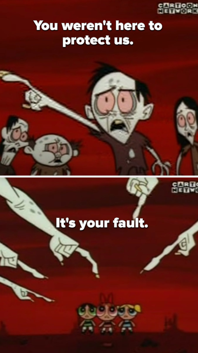 A bunch of zombie-esque citizens point fingers of blame at the Powerpuff Girls