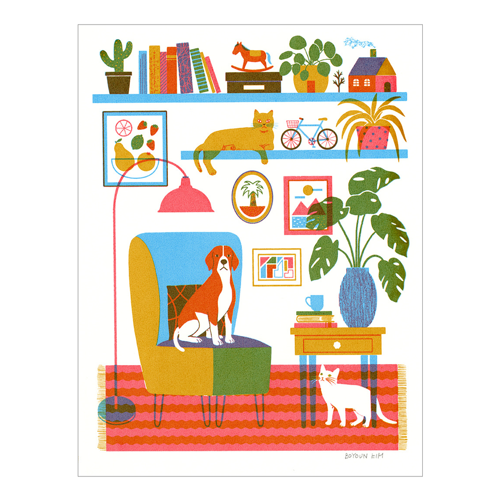 an art print with various books and a dog and two cats