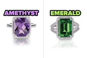 On the left, a ring labeled amethyst, and on the right, a ring labeled emerald