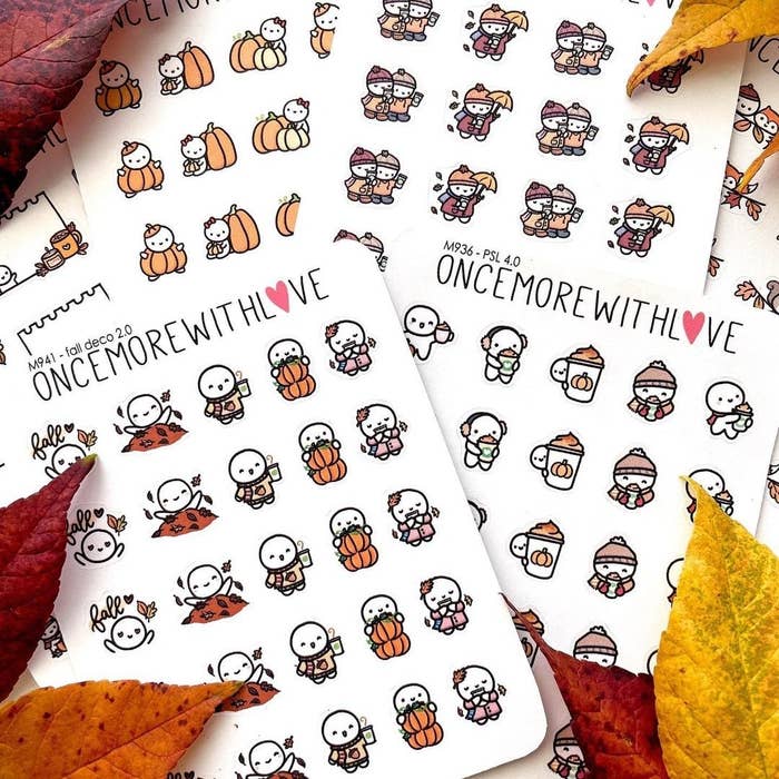 Fall themed stickers with pumpkins, pumpkin spiced lattes, and other fall activities.