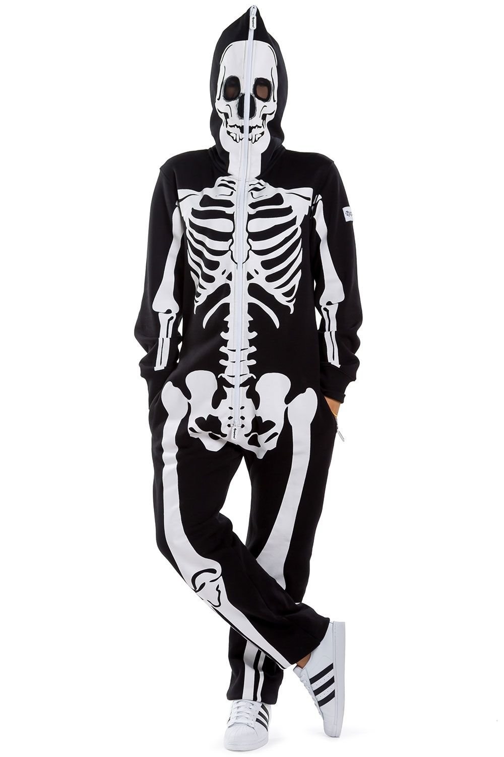 The skeleton onesie fully zipped up.