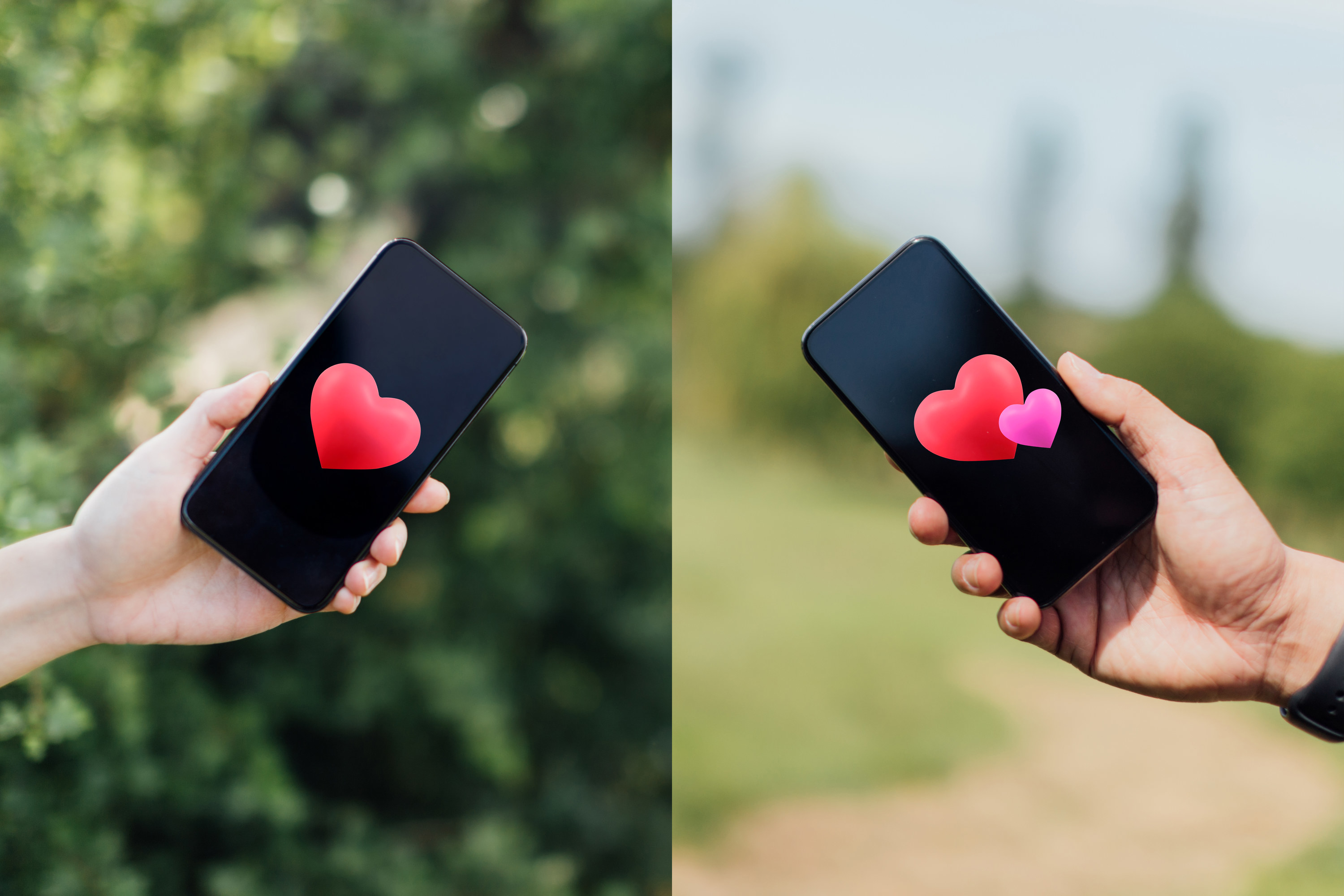 Couple holding their phones with hearts on the screens