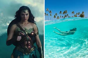 Wonder Woman is on the left with a woman swimming in Maldives on the right