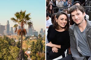 A palm tree on the left is shown with Ashton Kutcher and Mila Kunis on the right
