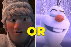 Kristoff is on the left with "or" written in the center with Olaf on the right