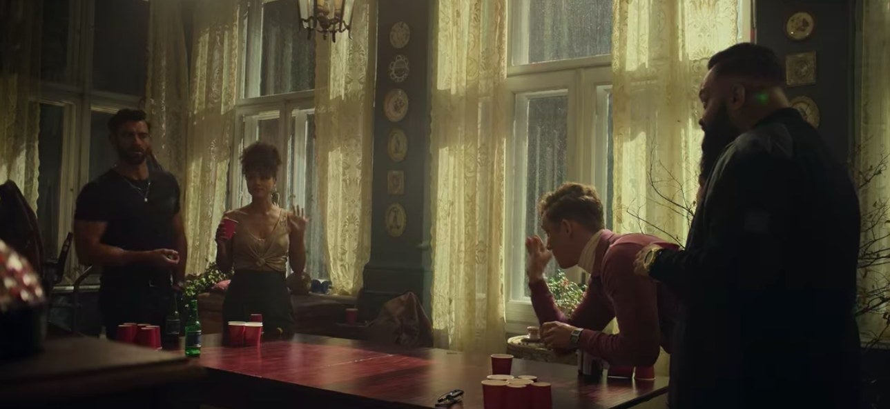 Dieter, Gwendoline, Rolph, and Brad playing beer pong in &quot;Army of Thieves&quot;