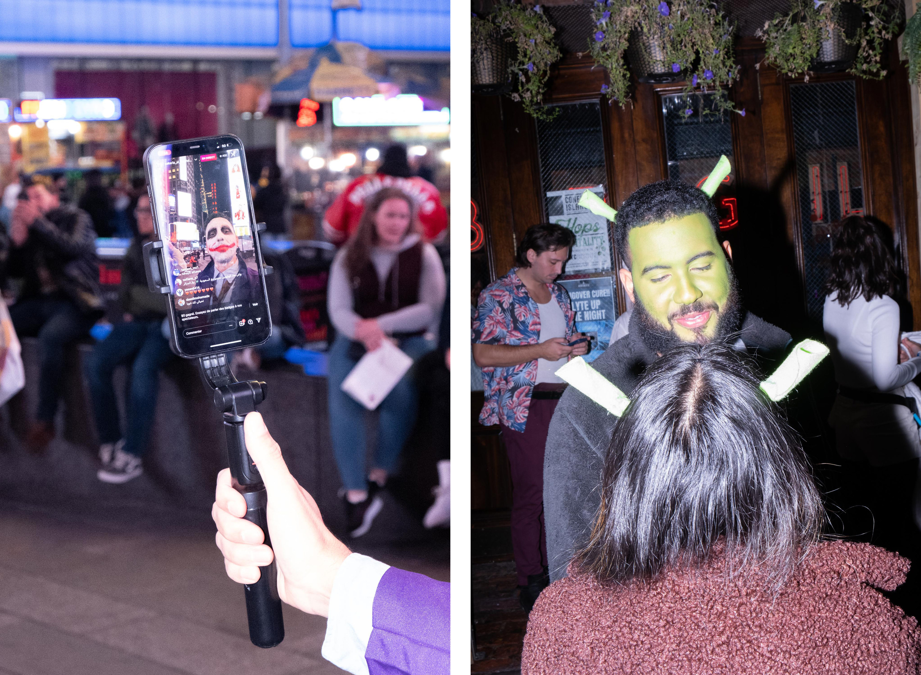Left, a hand holding a phone live streaming a man dressed like the joker, right a man dressed as shrek looking lovingly at his partner