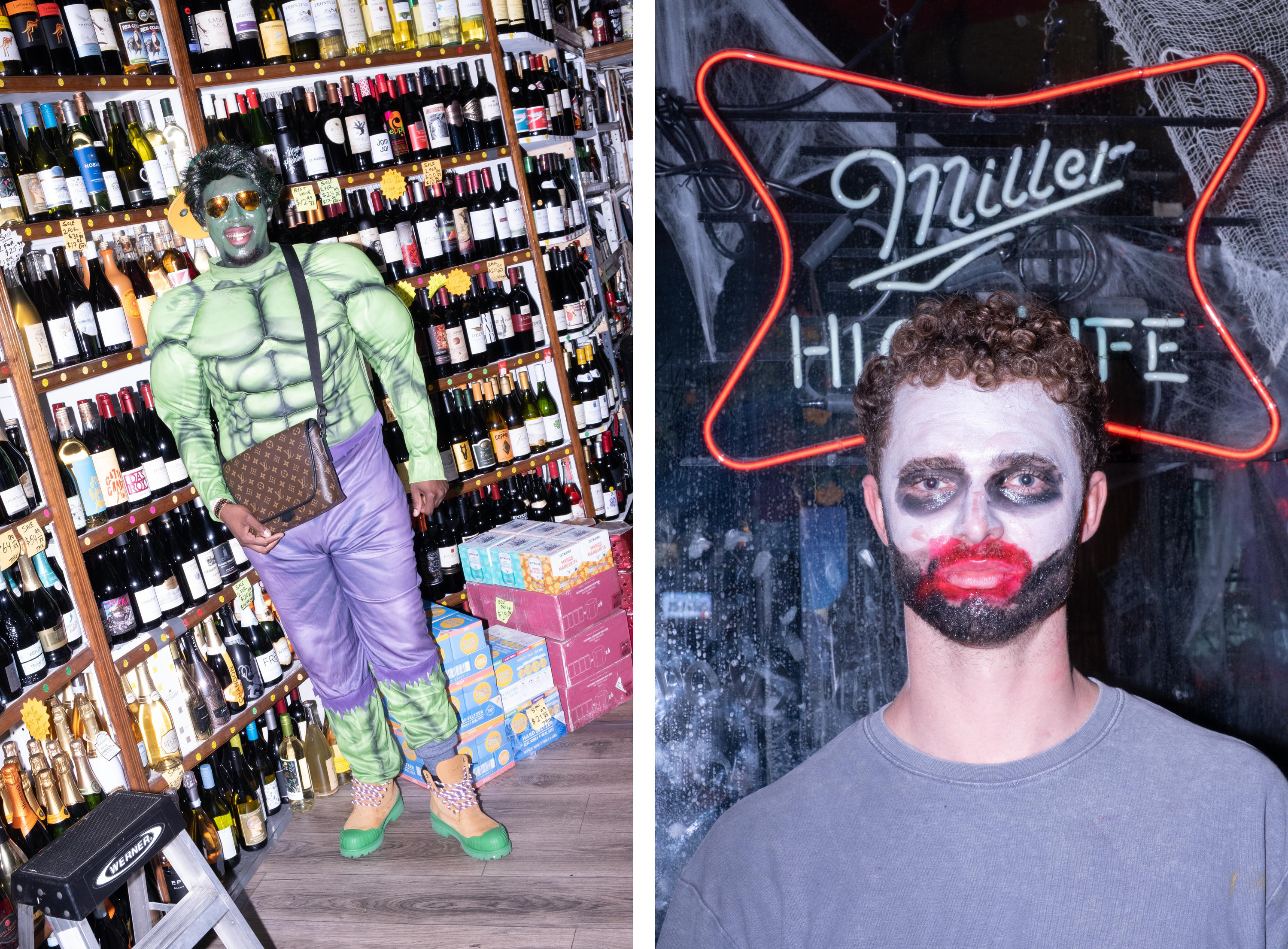 Left, the hulk in a liquor store, right, a man with bad makeup in front of a miller high life sign 