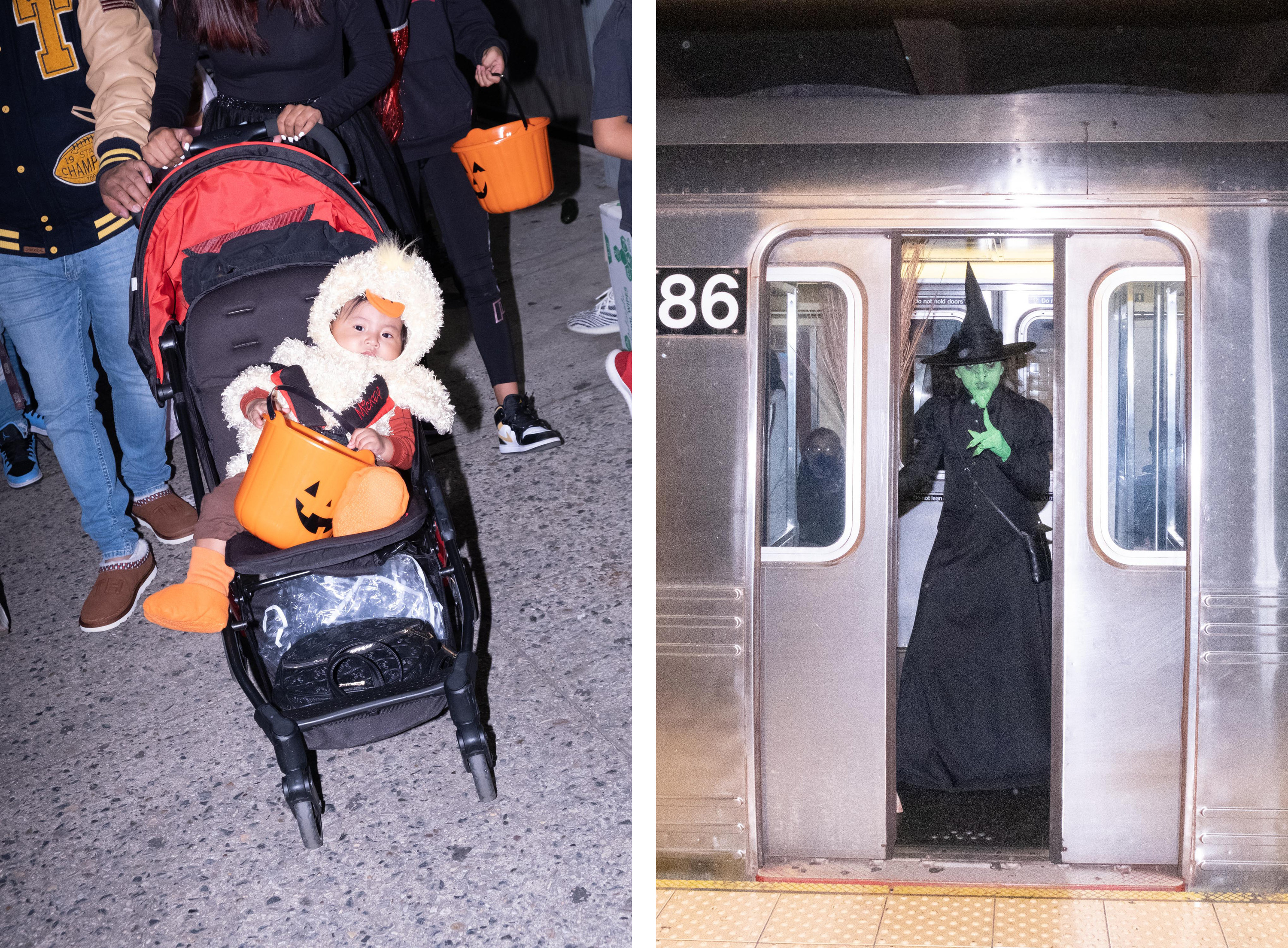A baby in a stroller in costume with a pumpkin bucket, right a witch between closing subway doors