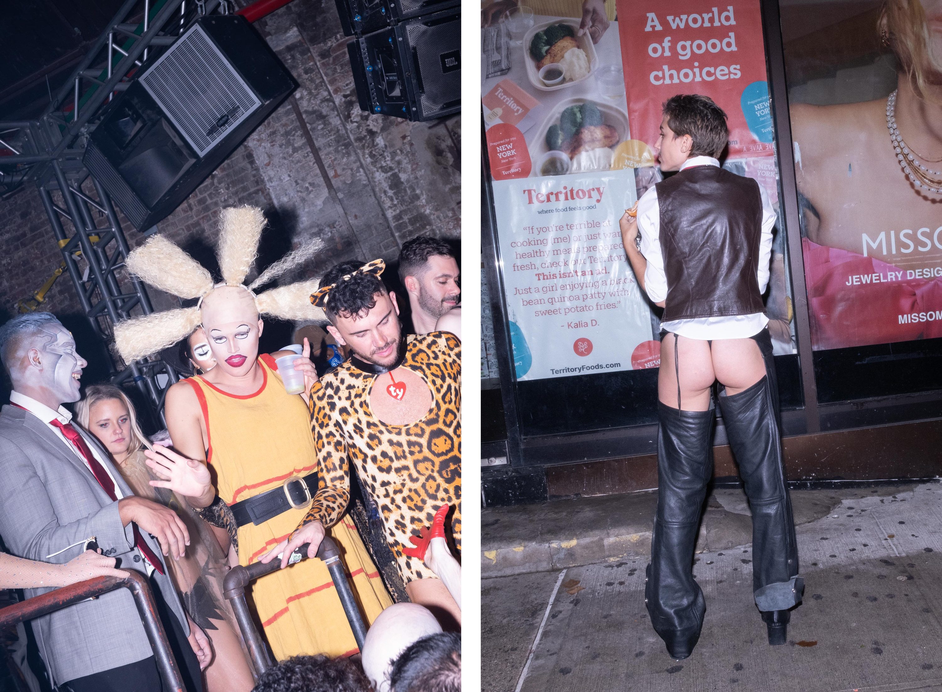 Left a group of people in wild costumes, right a man with assless chaps on the street