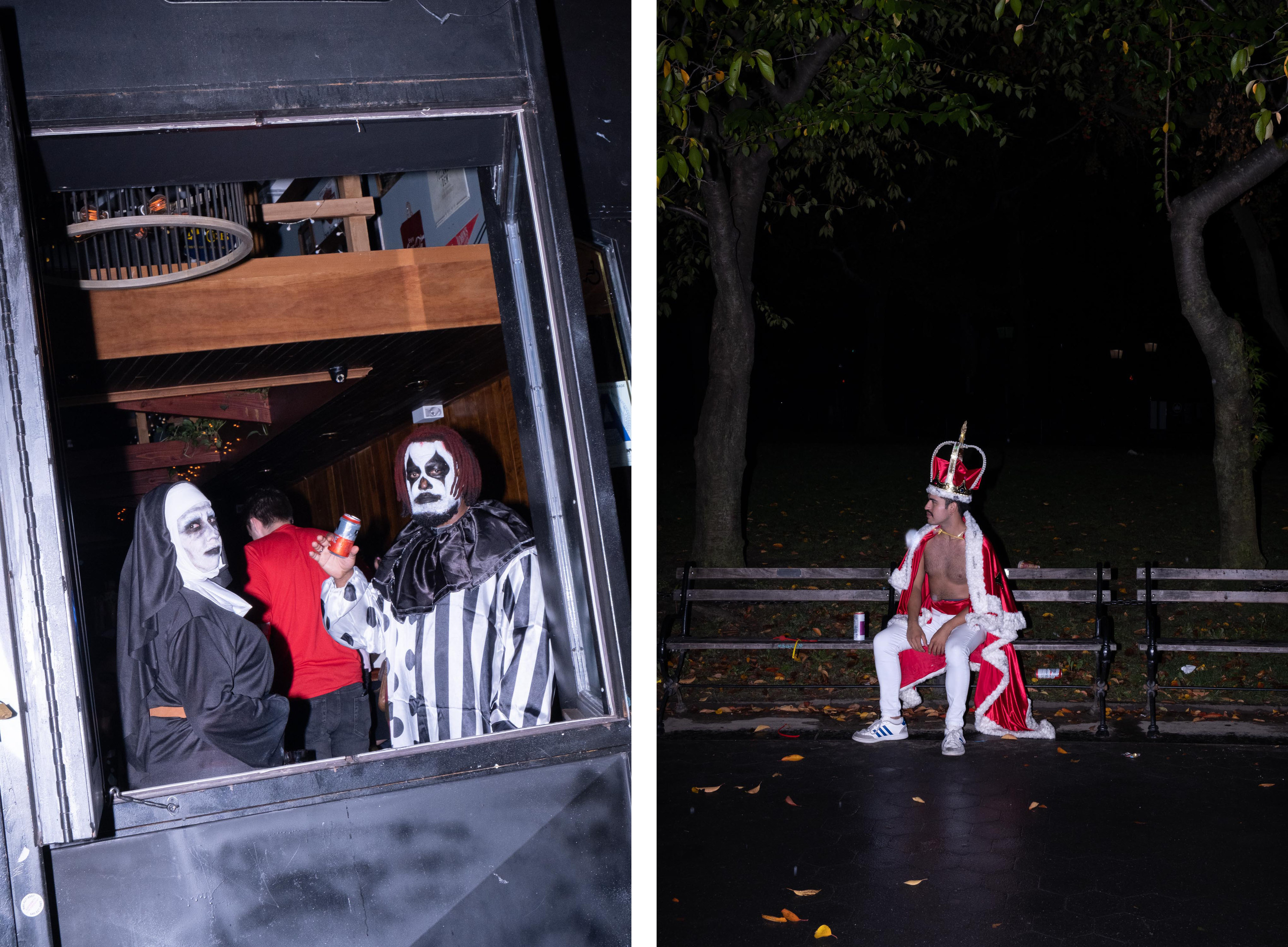 Left, a nun and a clown in face makeup look out the window of a bar, right, a man in adidas and a king costume sits alone on a bench 