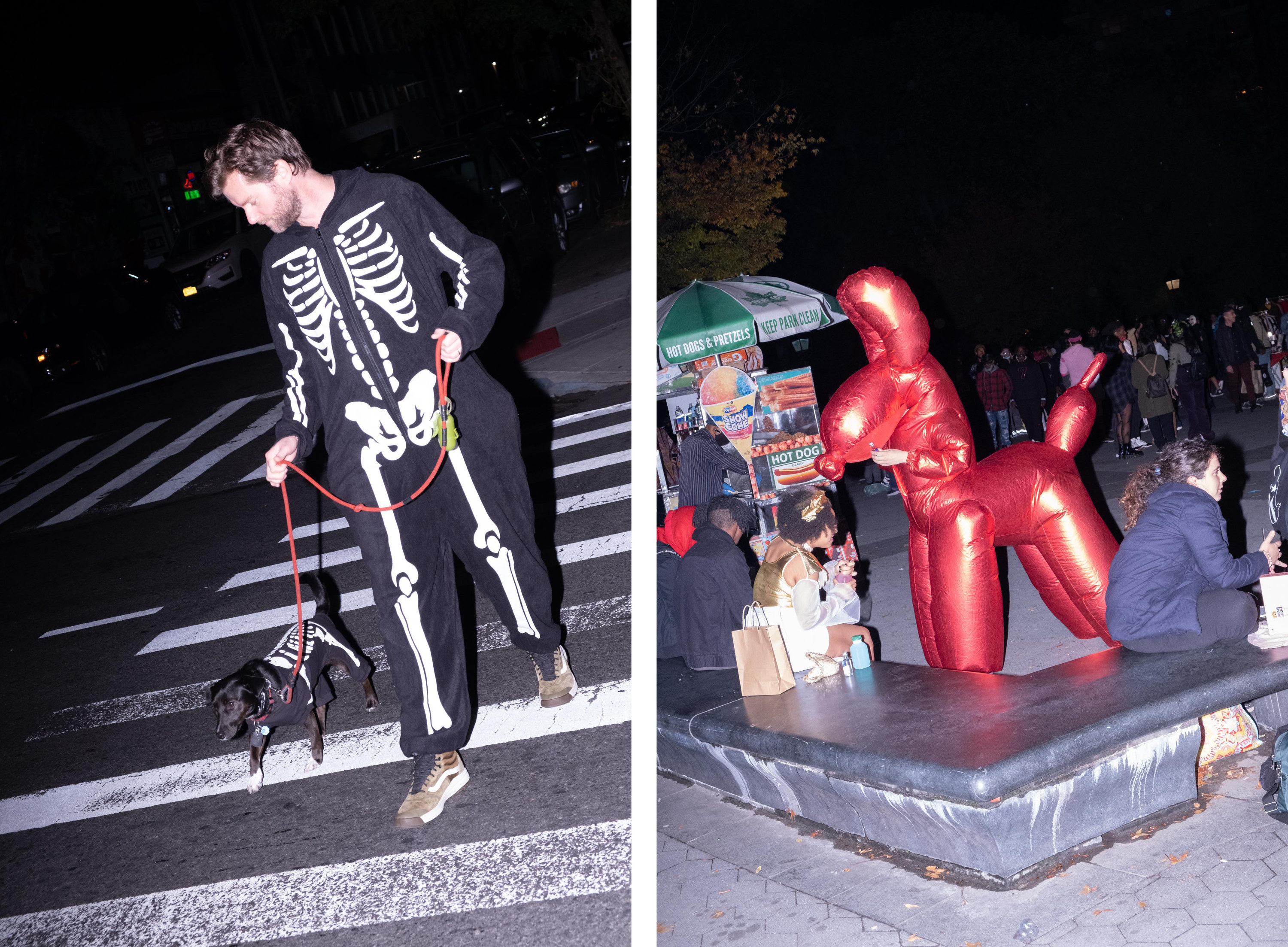 Left, a man dressed as a skeleton walking a dog dressed like a skeleton; right, a jeff koons balloon animal dog