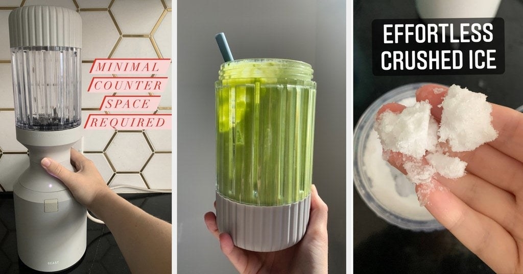 The grey blender, a green smoothie, and crushed ice from the blender